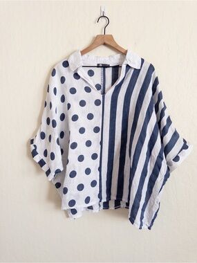 M Made in Italy 100% Linen Striped Polka Dot Popover Dolman Sleeve Tunic XL Boho